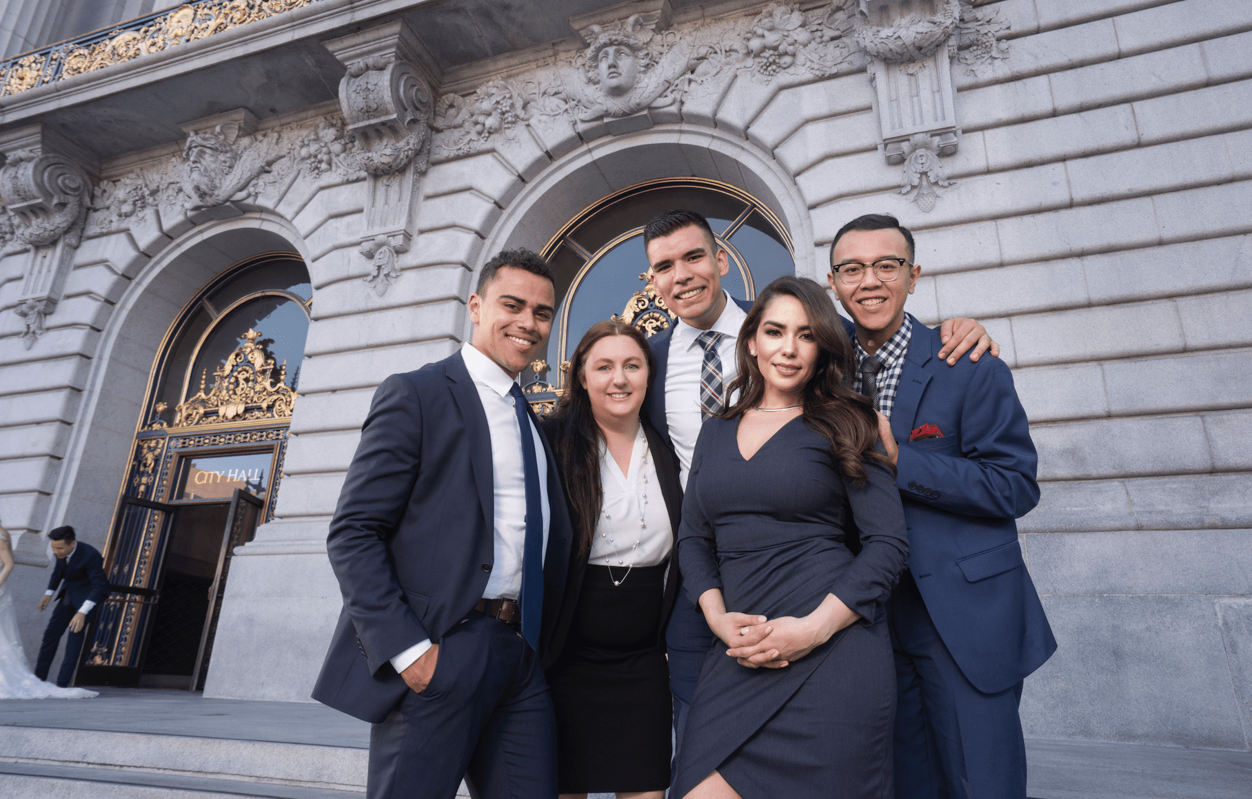 Five LEOP students gathered in front of San Francisco City Hall
