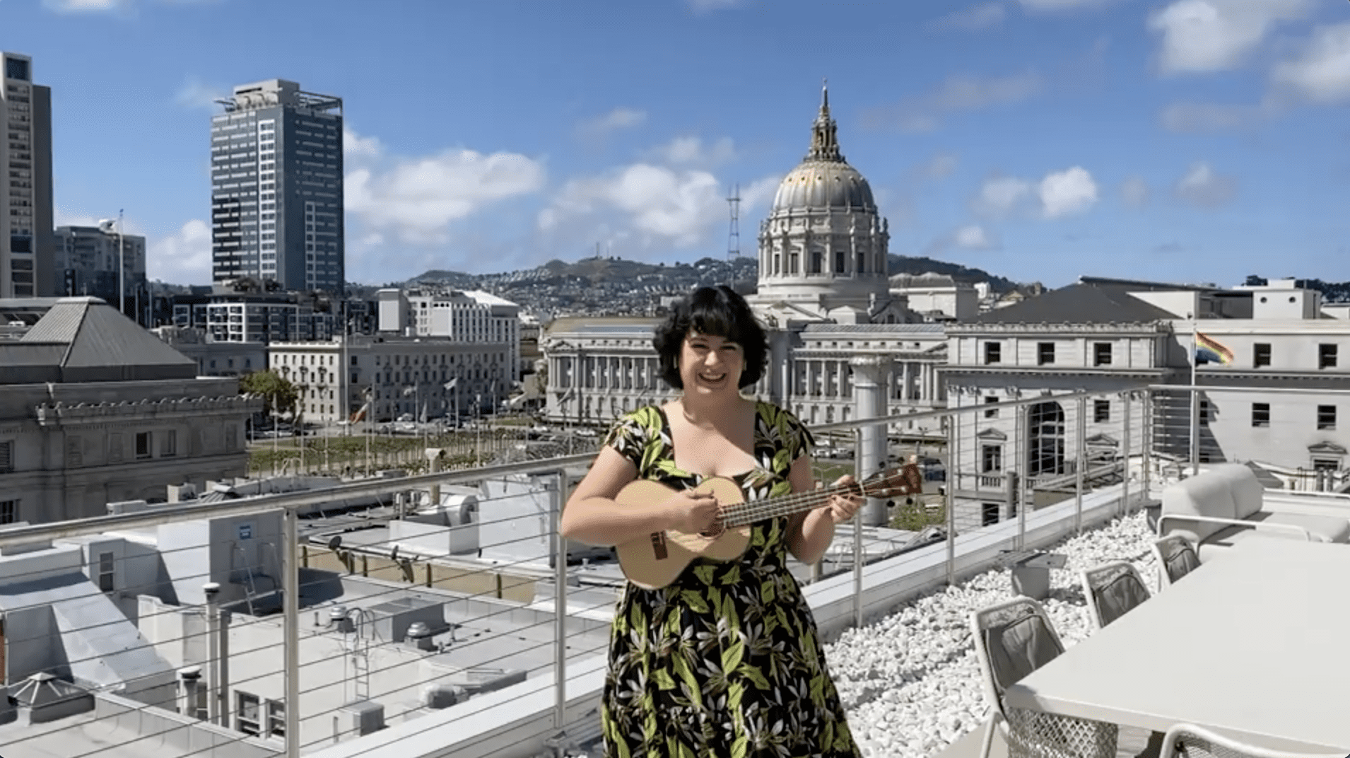 Celina Reynes '22 strums the ukele in front of San Francisco City Hall